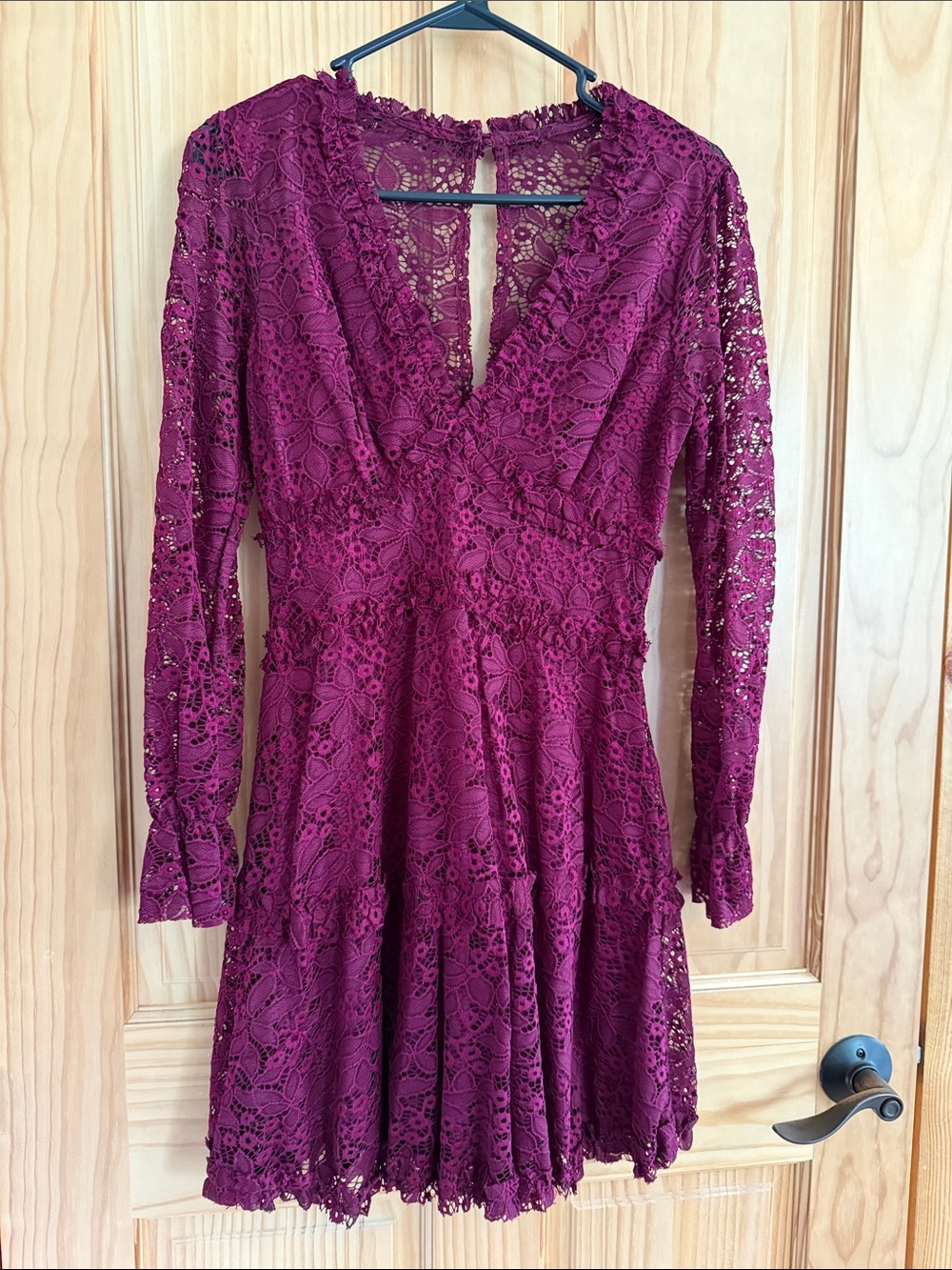 B Darlin Burgundy Lace V-Neck Long Sleeve Dress